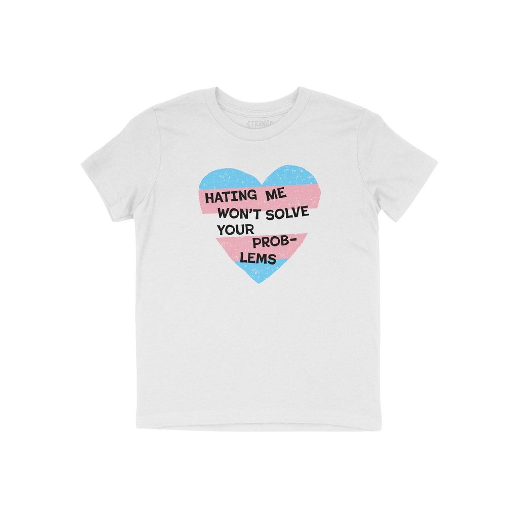 No Trans Hate Shirt featuring a bold heart graphic with sky-blue and pastel-pink stripes, showcasing a powerful slogan that p