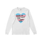 White long-sleeve No Trans Hate Shirt with a heart in pastel blue and pink stripes, featuring the slogan “Hating Me Won’t