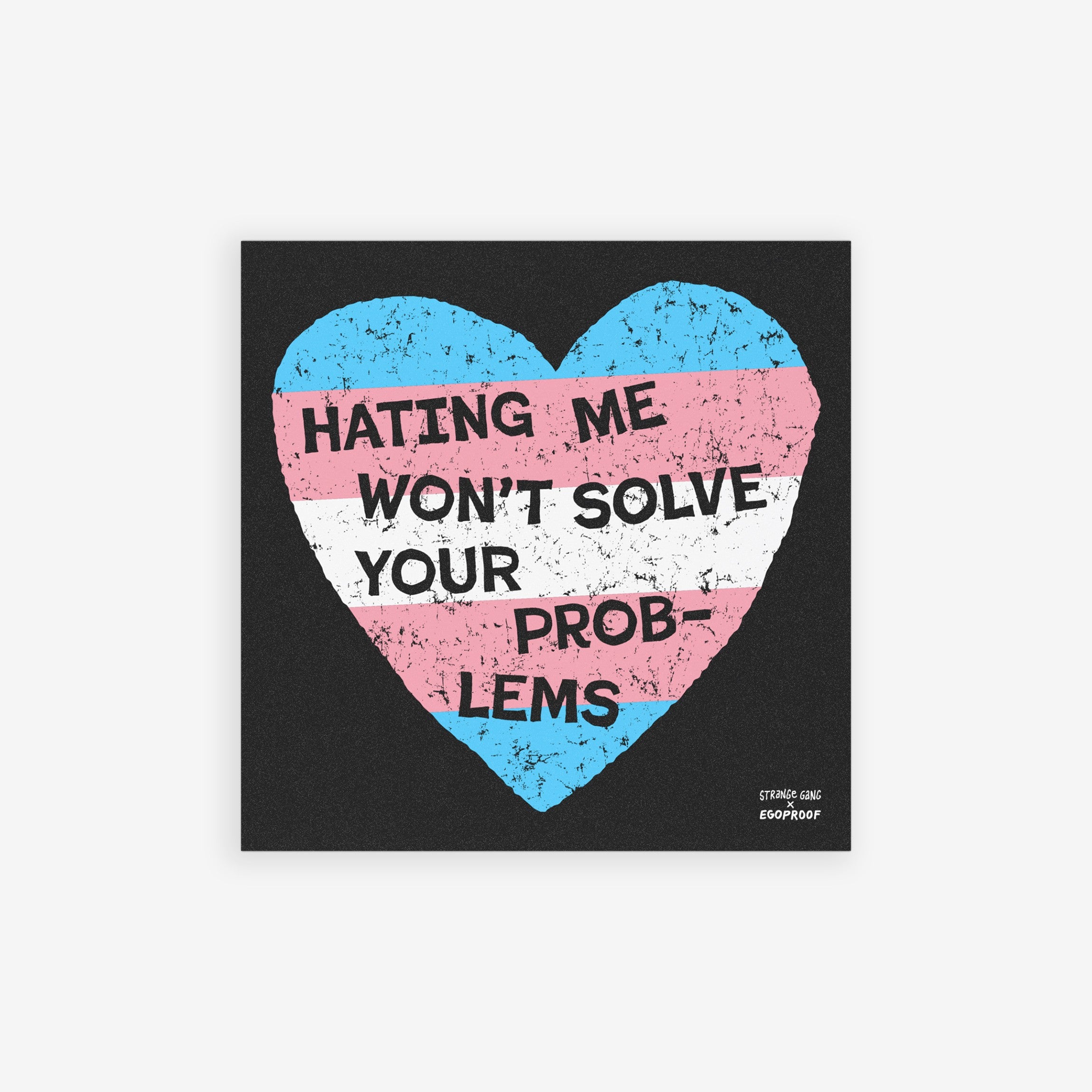 No Trans Hate Sticker & Magnet features a distressed heart with transgender-pride stripes and bold lettering, HATING ME WON’T SOLVE YOUR PROBLEMS, emphasizing trans-affirmation. Available as a magnet or sticker.