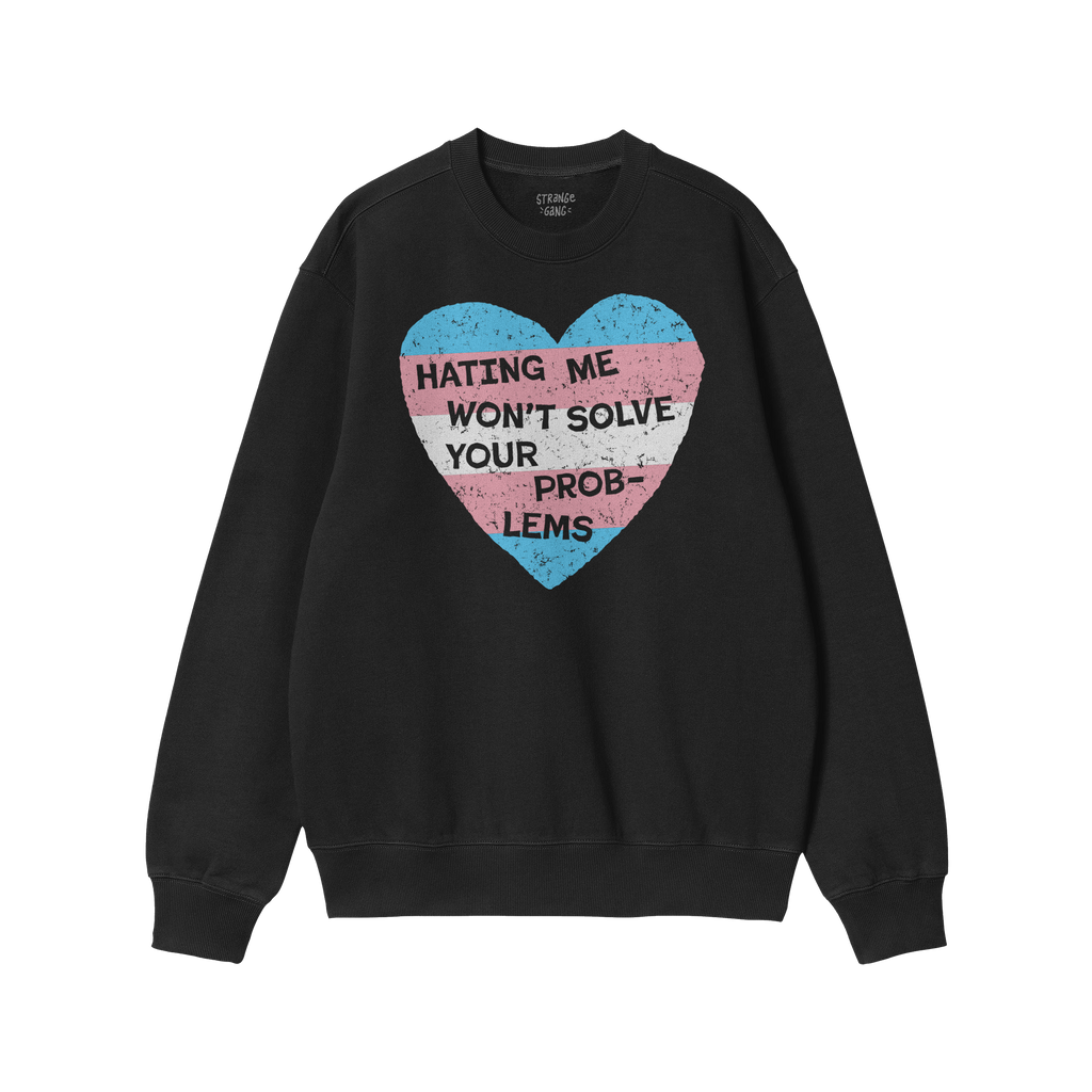 No Trans Hate Shirt featuring a bold heart graphic in trans pride colors, emblazoned with the empowering message “HATING ME