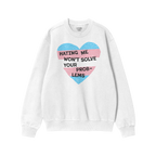 No Trans Hate Shirt featuring a bold slogan over a pastel heart design, embodying trans pride and resistance to ignorance. Pe