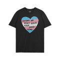 No Trans Hate Shirt features a heart with transgender pride stripes and the bold slogan “Hating Me Won’t Solve Your Probl