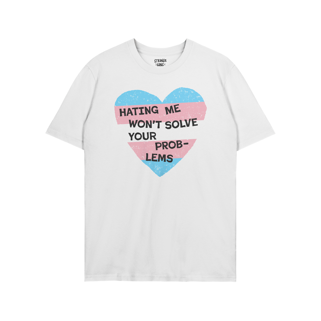 No Trans Hate Shirt with heart graphic in pastel stripes and bold slogan, promoting trans pride and protection. Ideal for vis