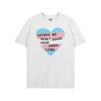No Trans Hate Shirt with heart graphic in pastel stripes and bold slogan, promoting trans pride and protection. Ideal for vis