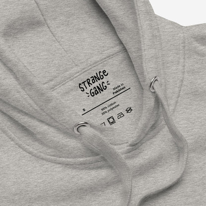 Chicago No Kings Flag Hoodie & Sweatshirt shows the inside neck with printed label, size S, fabric content, and care symbols. Metal grommets and drawstrings present, showcasing its anti-authoritarian message.