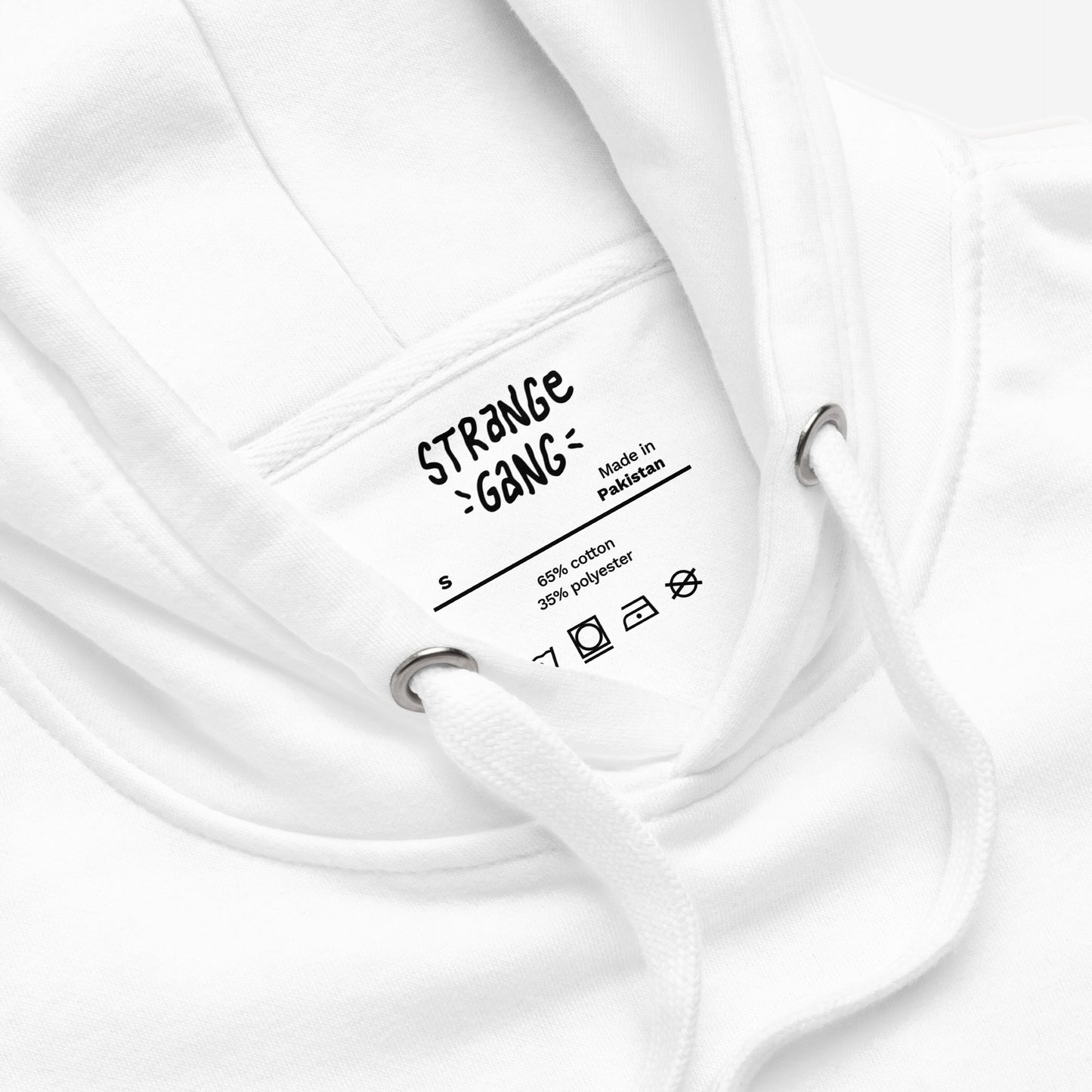 Inside neckline of Washington DC No Kings Flag Hoodie & Sweatshirt, showing drawstring eyelets, cord, and a label indicating size S, fabric blend, made in Pakistan, with laundry-care symbols.