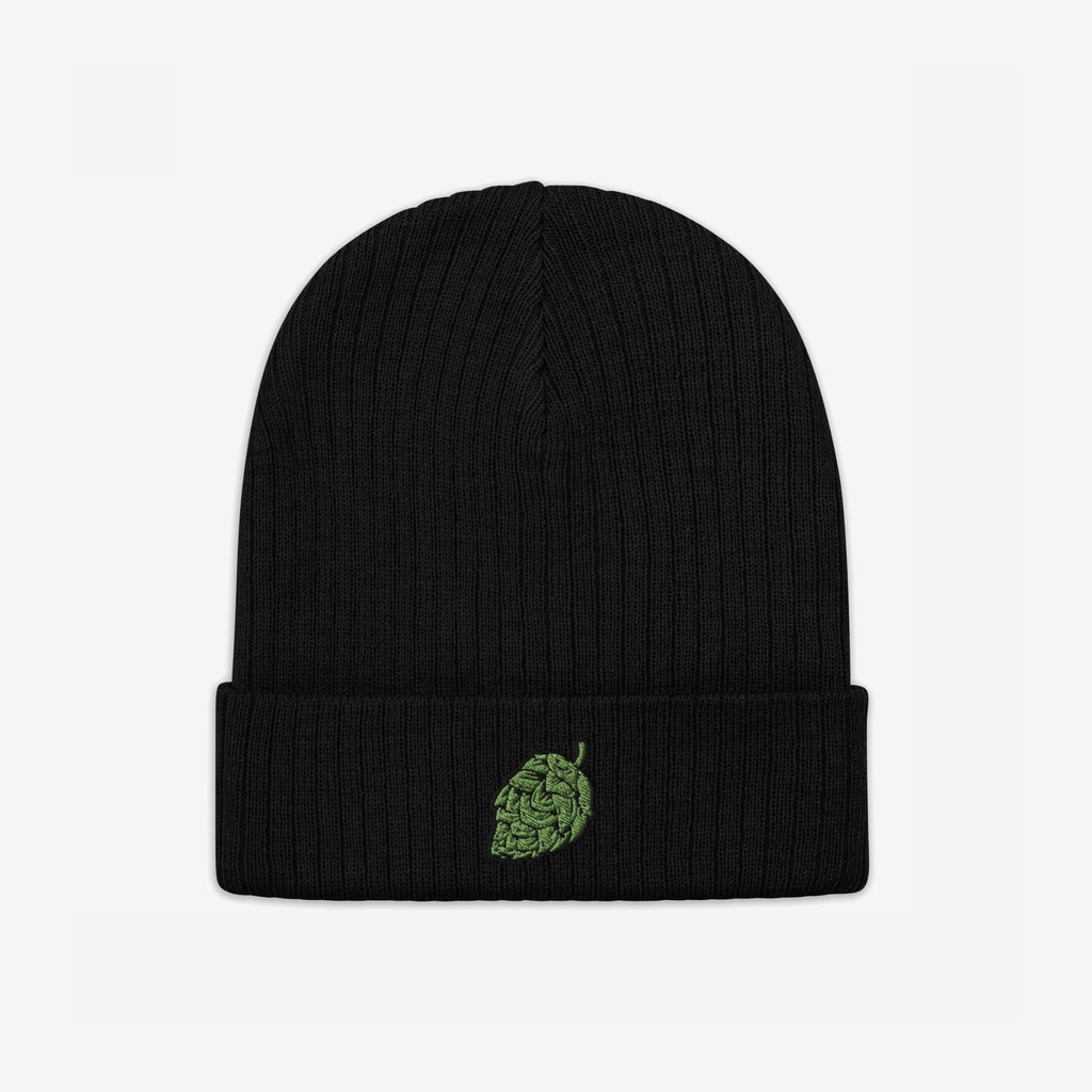 The Hop Nug Hat features a black rib-knit beanie with a green hop-cone motif embroidered on the cuff, ideal for craft beer enthusiasts who appreciate casual, confident style.