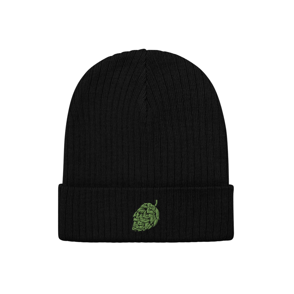 The Hop Nug Hat features a black rib-knit beanie with a green hop-cone motif embroidered on the cuff, ideal for craft beer en