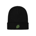 The Hop Nug Hat features a black rib-knit beanie with a green hop-cone motif embroidered on the cuff, ideal for craft beer en