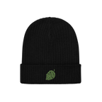 The Hop Nug Hat features a black rib-knit beanie with a green hop-cone motif embroidered on the cuff, ideal for craft beer en