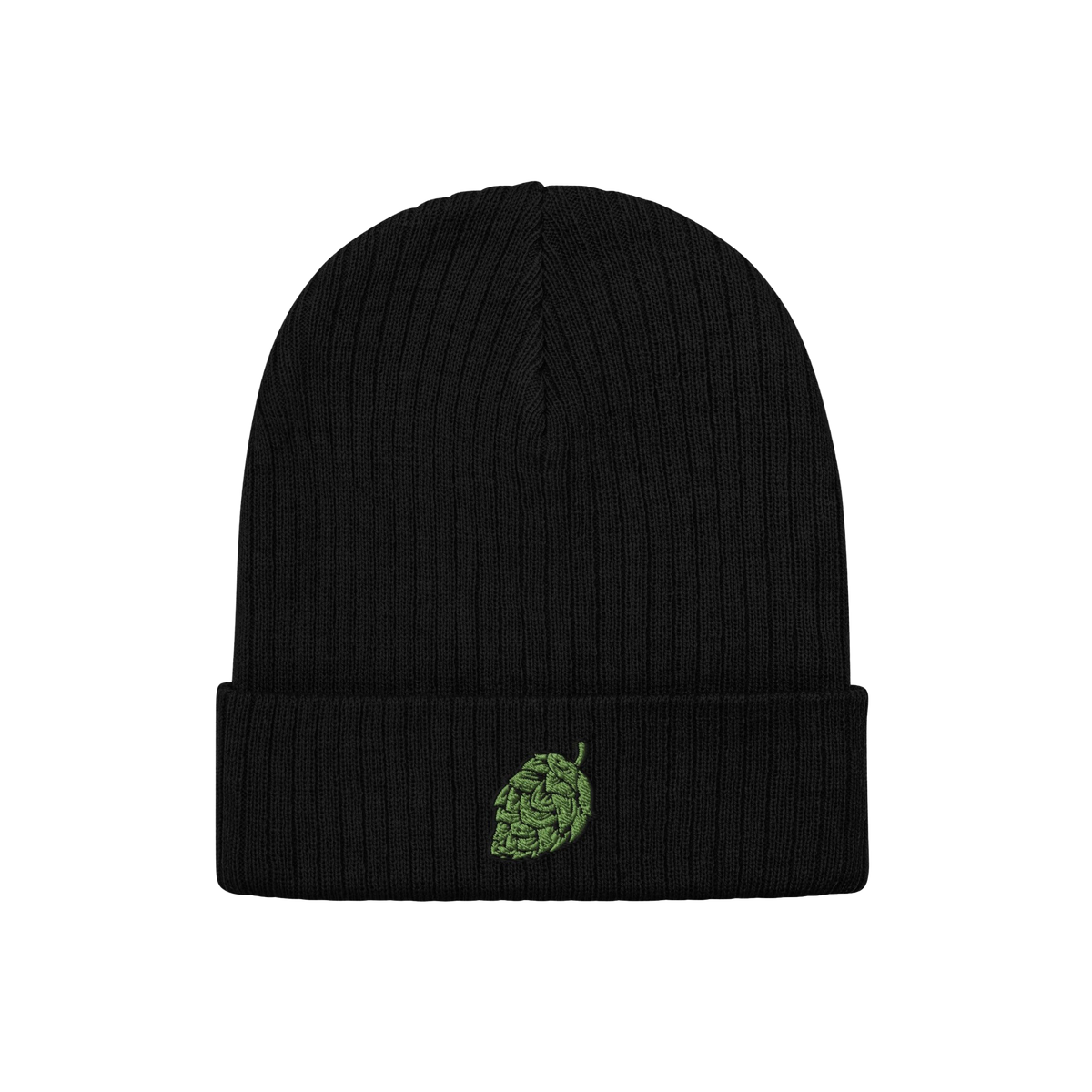The Hop Nug Hat features a black rib-knit beanie with a green hop-cone motif embroidered on the cuff, ideal for craft beer en