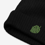 Hop Nug Hat: Black rib-knit beanie with a folded cuff featuring a green embroidered hop cone graphic, perfect for craft beer enthusiasts who appreciate a stylish, casual nod to their passion.