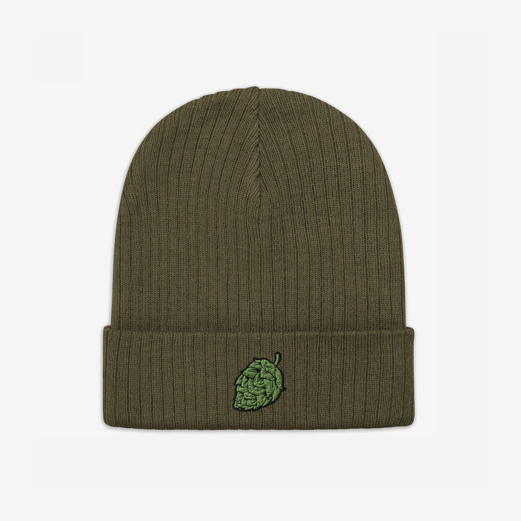 Hop Nug Hat: An olive-green rib-knit beanie featuring an embroidered hop cone on the folded cuff, perfect for craft beer enthusiasts who value casual confidence and style.