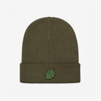 Hop Nug Hat: An olive-green rib-knit beanie featuring an embroidered hop cone on the folded cuff, perfect for craft beer enthusiasts who value casual confidence and style.