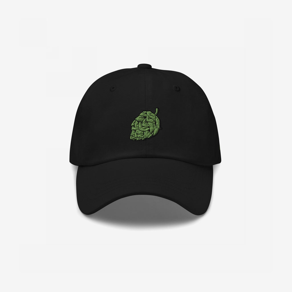 Hop Nug Hat: A sleek black dad hat featuring a detailed green hop cone embroidery, perfect for craft beer enthusiasts who appreciate casual style and a nod to bold, flavorful brews.