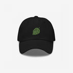 Hop Nug Hat: A sleek black dad hat featuring a detailed green hop cone embroidery, perfect for craft beer enthusiasts who appreciate casual style and a nod to bold, flavorful brews.
