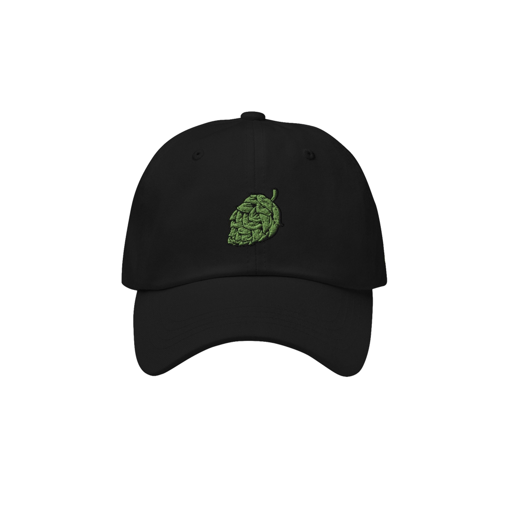Hop Nug Hat: A sleek black dad hat featuring a detailed green hop cone embroidery, perfect for craft beer enthusiasts who app