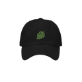 Hop Nug Hat: A sleek black dad hat featuring a detailed green hop cone embroidery, perfect for craft beer enthusiasts who app
