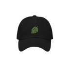 Hop Nug Hat: A sleek black dad hat featuring a detailed green hop cone embroidery, perfect for craft beer enthusiasts who app