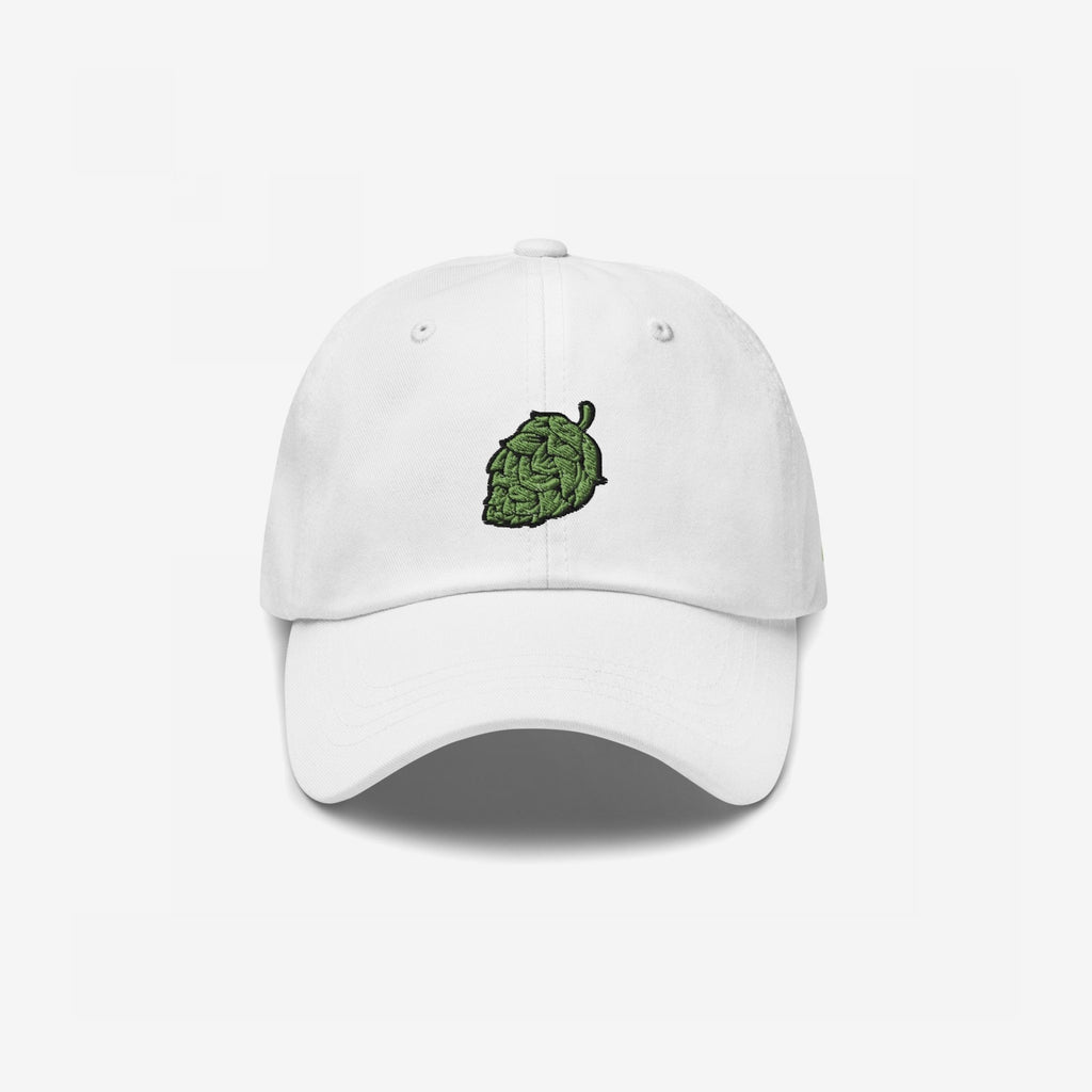 Hop Nug Hat featuring a six-panel design with a curved brim, showcasing an embroidered green hop-cone front and center, perfect for craft beer enthusiasts with a casual yet confident style.