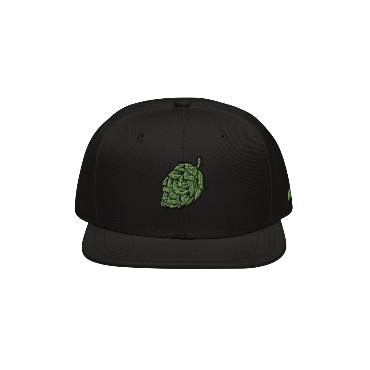 Hop Nug Hat features a black snapback cap with a green hop-cone design embroidered on the front, perfect for craft beer enthu
