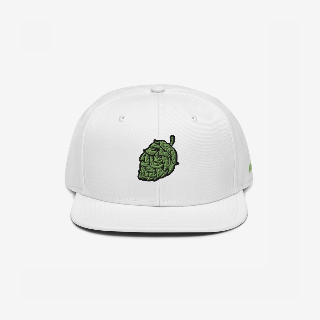 Hop Nug Hat featuring a bold, green hop cone embroidery on a white snapback, perfect for craft beer enthusiasts who embrace style with confidence and passion for quality brewing. Ships from the E.U.
