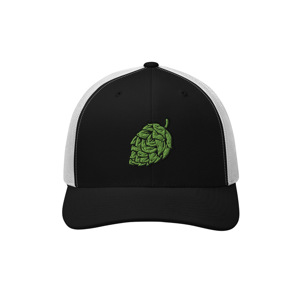 The Hop Nug Hat features a black front with a green embroidered hop cone, ideal for craft beer enthusiasts who appreciate cas