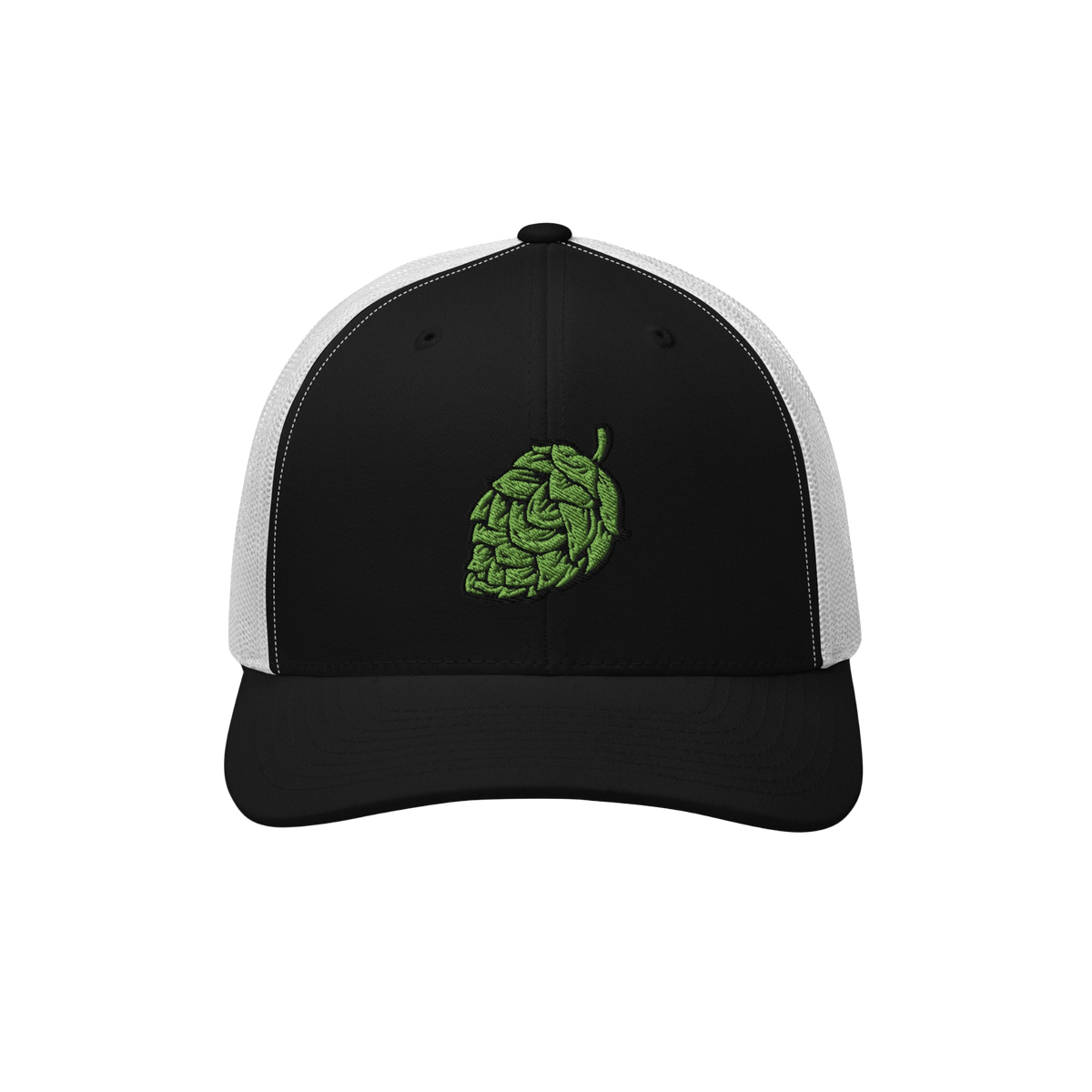 The Hop Nug Hat features a black front with a green embroidered hop cone, ideal for craft beer enthusiasts who appreciate cas