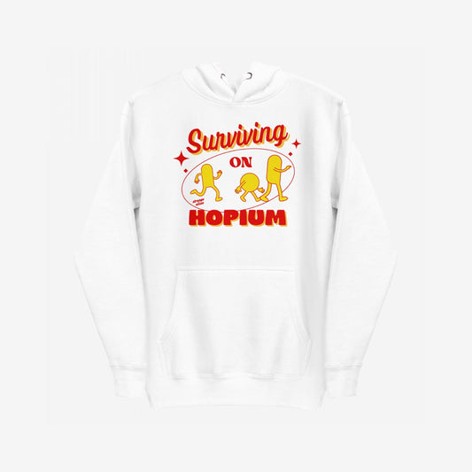 Hopium Hoodie & Sweatshirt features a white hooded design with a bold red-and-yellow graphic, Surviving on HOPIUM, adorned with whimsical pill characters, embodying a lifestyle of optimistic rebellion.