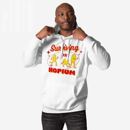 Man models the Hopium Hoodie, featuring a colorful graphic of bean-shaped characters and bold HOPIUM text, embodying a lifestyle of optimistic defiance and artistic expression.