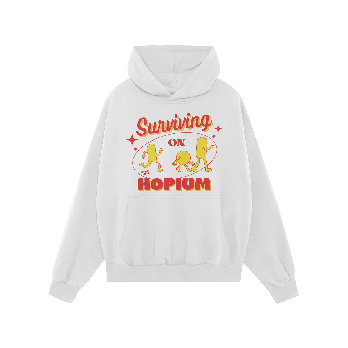 White hoodie featuring the Hopium Shirt design with cartoon figures and retro text Surviving on HOPIUM, symbolizing wishful t