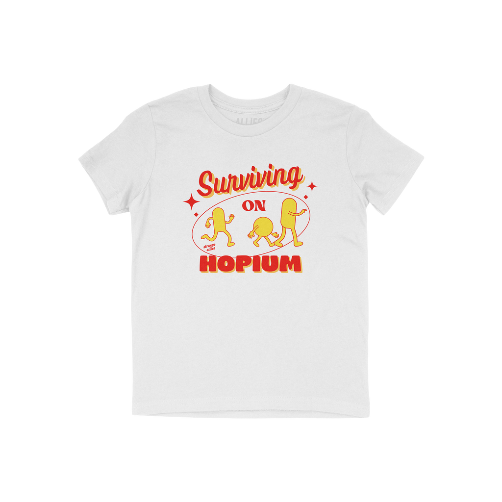 Hopium Shirt: A whimsical white tee showcasing vibrant red and yellow pill characters under Surviving on HOPIUM, perfect for