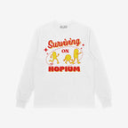 Hopium Shirt featuring a retro graphic with Surviving on Hopium and cartoon capsule figures, embodying playful optimism. Designed by ALLIES, profits support mental health via NAMI.
