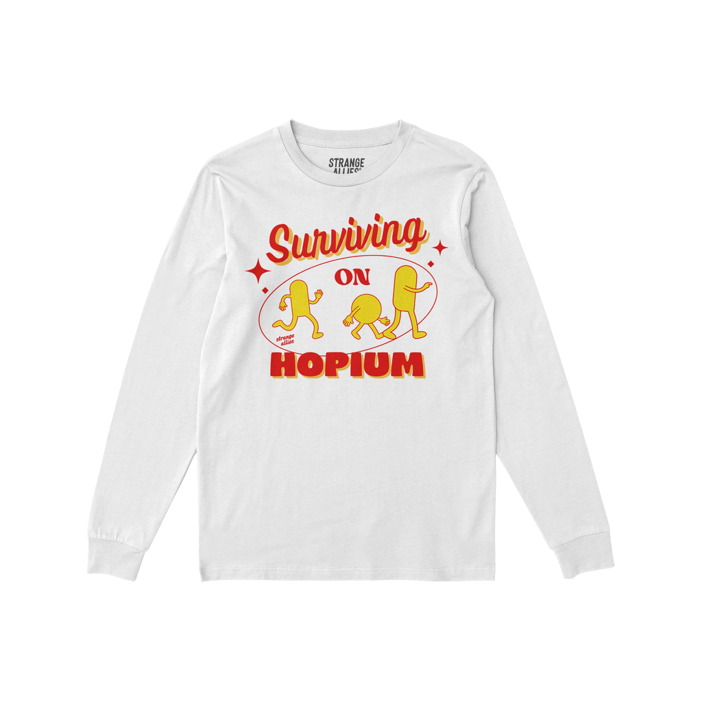Hopium Shirt featuring a retro graphic with Surviving on Hopium and cartoon capsule figures, embodying playful optimism. Desi