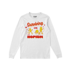 Hopium Shirt featuring a retro graphic with Surviving on Hopium and cartoon capsule figures, embodying playful optimism. Desi