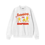 The Hopium Shirt features a white crewneck sweatshirt with Surviving on HOPIUM in bold red and yellow, plus three yellow cart