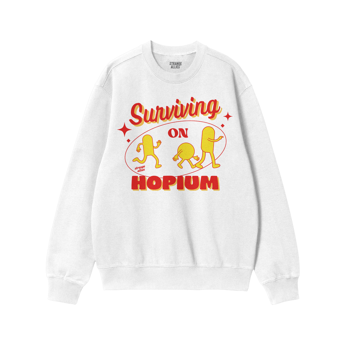 The Hopium Shirt features a white crewneck sweatshirt with Surviving on HOPIUM in bold red and yellow, plus three yellow cart