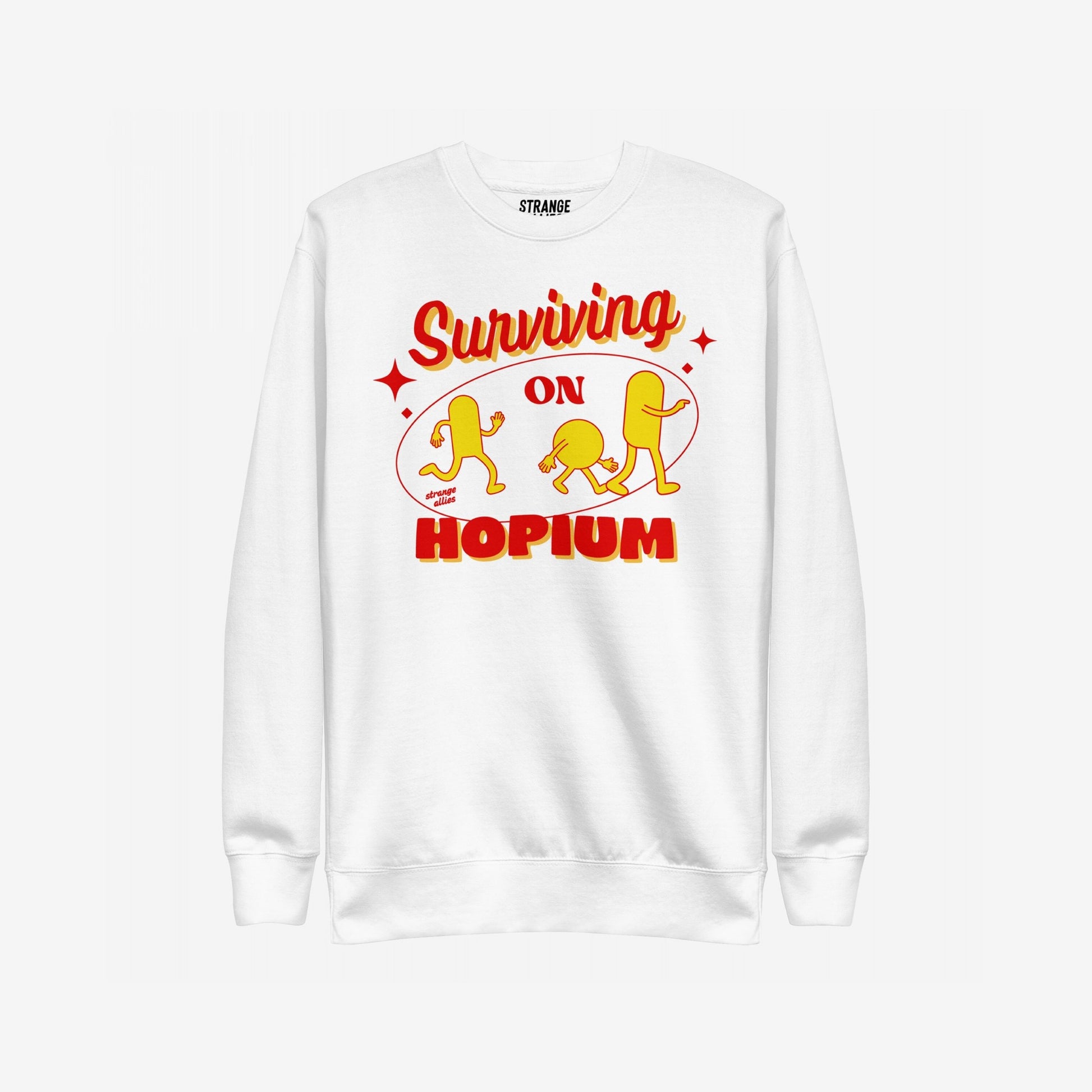 Hopium Hoodie & Sweatshirt features a white crewneck with bold “Surviving on HOPIUM” text and playful retro characters, embodying optimistic rebellion and creative expression. Ideal for dreamers and hope enthusiasts.