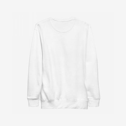 Back view of the plain white Hopium Hoodie & Sweatshirt, showcasing ribbed cuffs and hem. Ideal for optimistic dreamers, it embodies a carefree lifestyle, perfect for manifesting positivity.