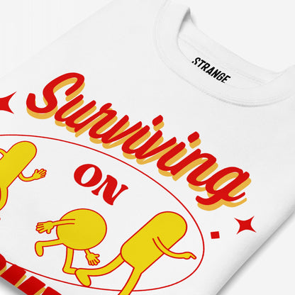 Hopium Hoodie & Sweatshirt features a colorful graphic with Surviving on text and cartoon figures, embodying optimism and creativity for dreamers. Perfect for those embracing a hopeful, carefree lifestyle.