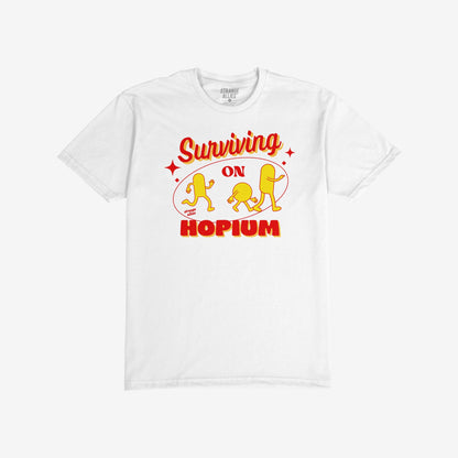 Hopium T-shirt with vibrant graphic of three yellow figures under Surviving and HOPIUM text, embodying resilience and optimism. Ideal for dreamers and optimists, available in various sizes.