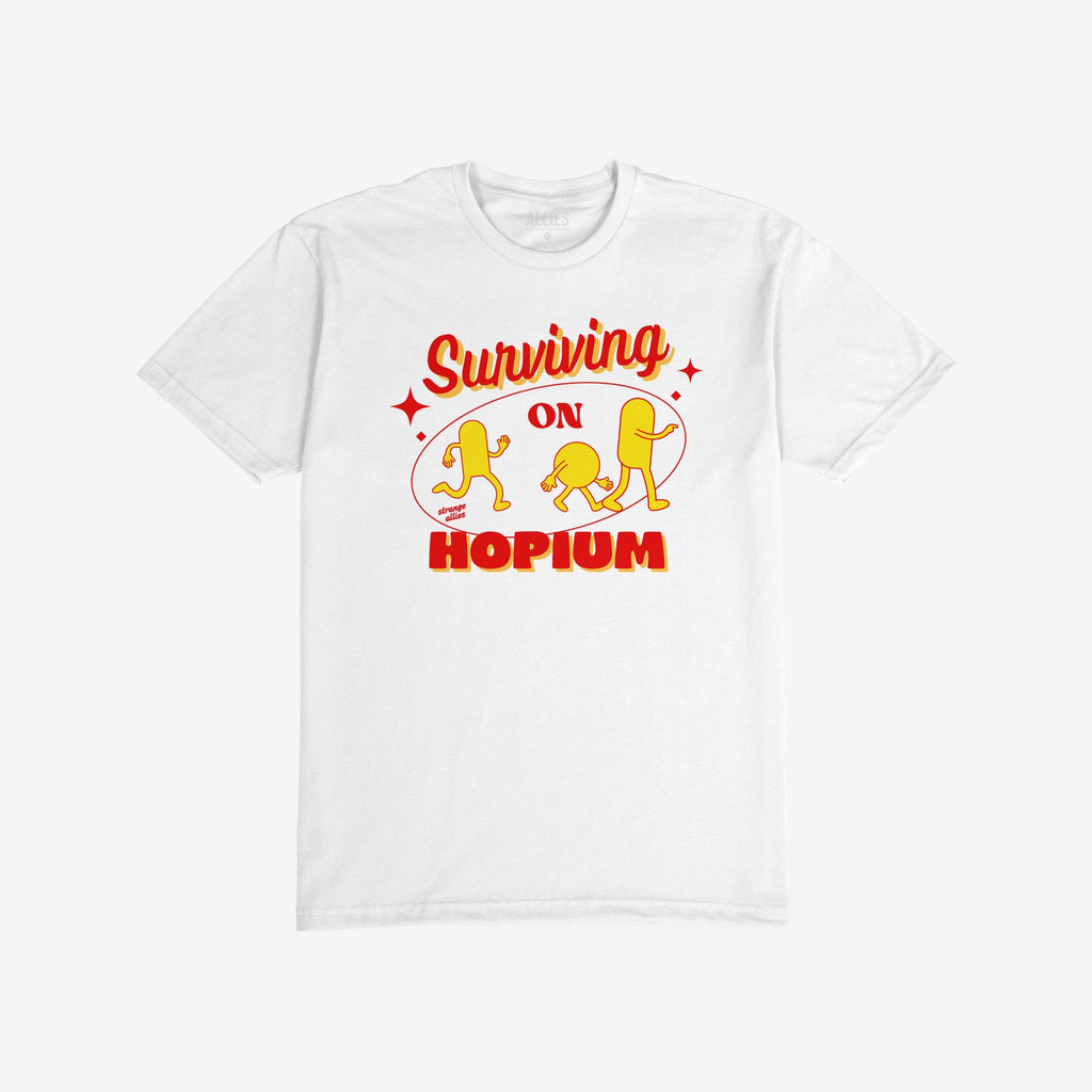 The Hopium Shirt features a retro-style graphic with Surviving on HOPIUM and three hop-shaped characters, embodying whimsical optimism and individuality.