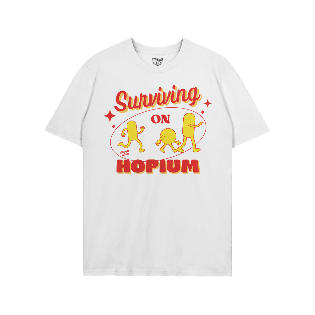 The Hopium Shirt features a retro-style graphic with Surviving on HOPIUM and three hop-shaped characters, embodying whimsical