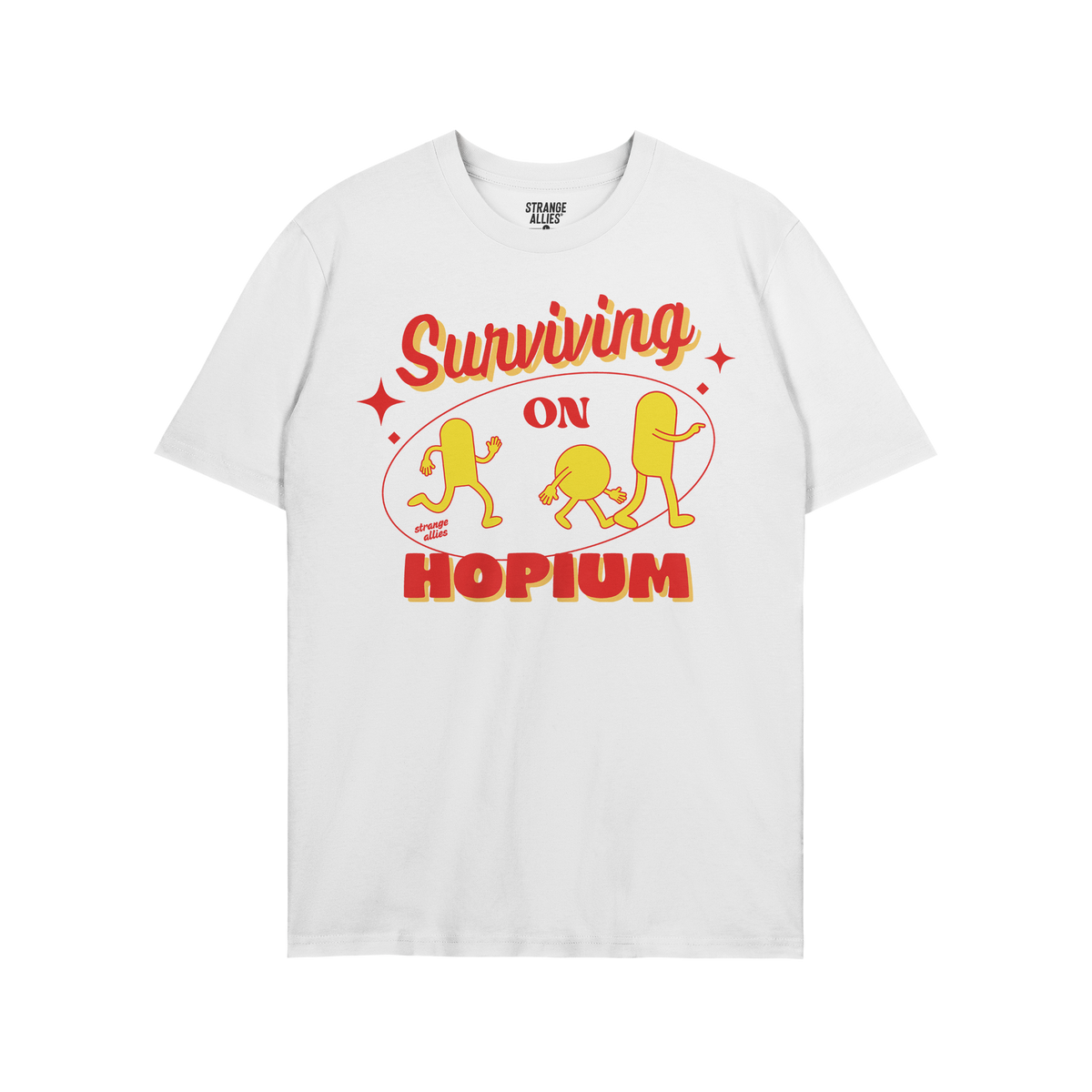 The Hopium Shirt features a retro-style graphic with Surviving on HOPIUM and three hop-shaped characters, embodying whimsical