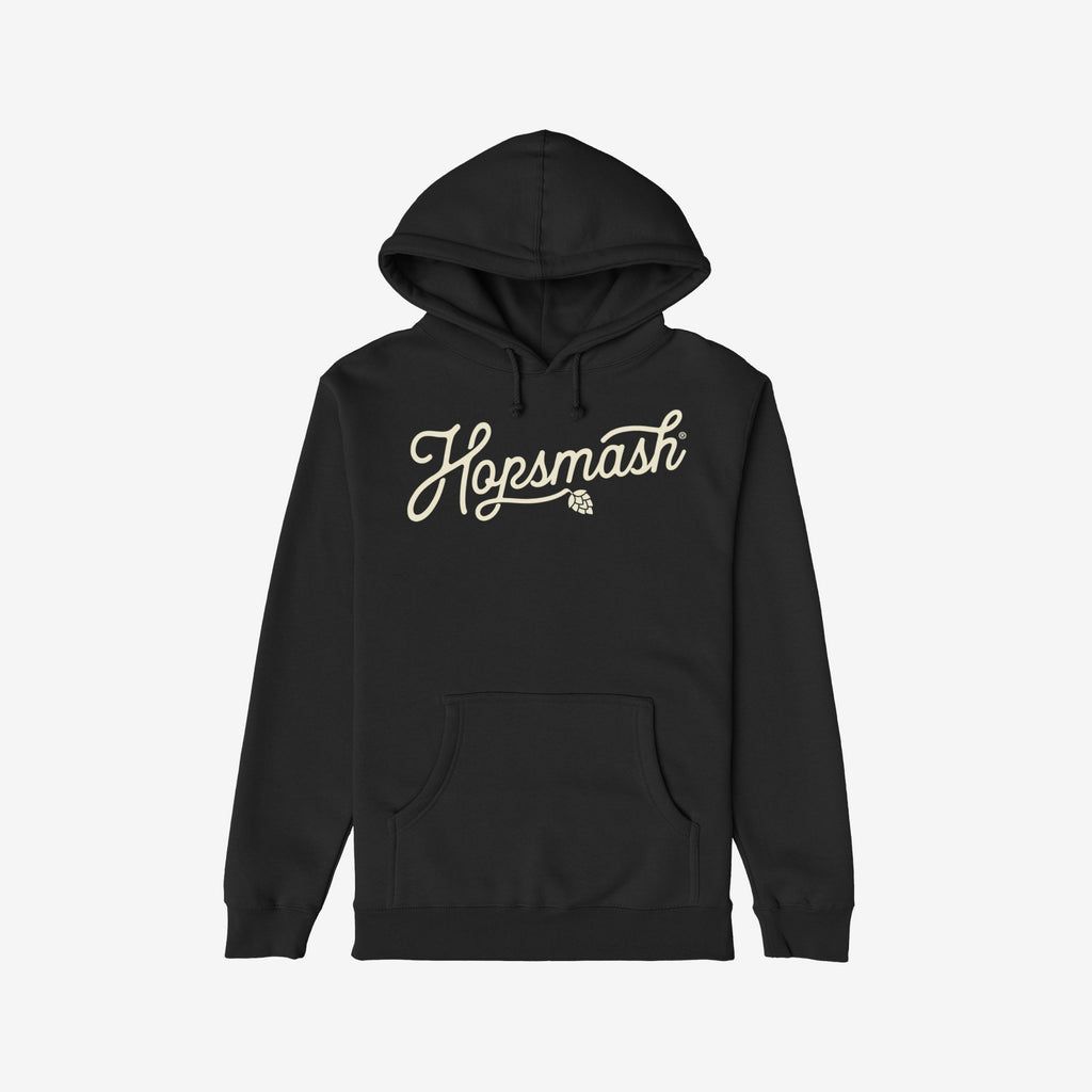 Hopsmash Hoodie & Sweatshirt: Black pullover hoodie featuring Hopsmash in cream script with a hop-cone graphic. Perfect for hop enthusiasts expressing bold opinions on craft beer culture.