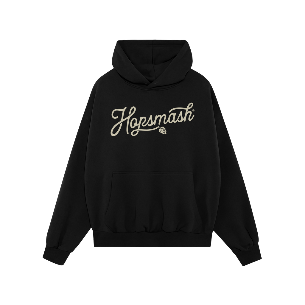 Hopsmash Hoodie & Sweatshirt: Black pullover hoodie featuring Hopsmash in cream script with a hop-cone graphic. Perfect for h