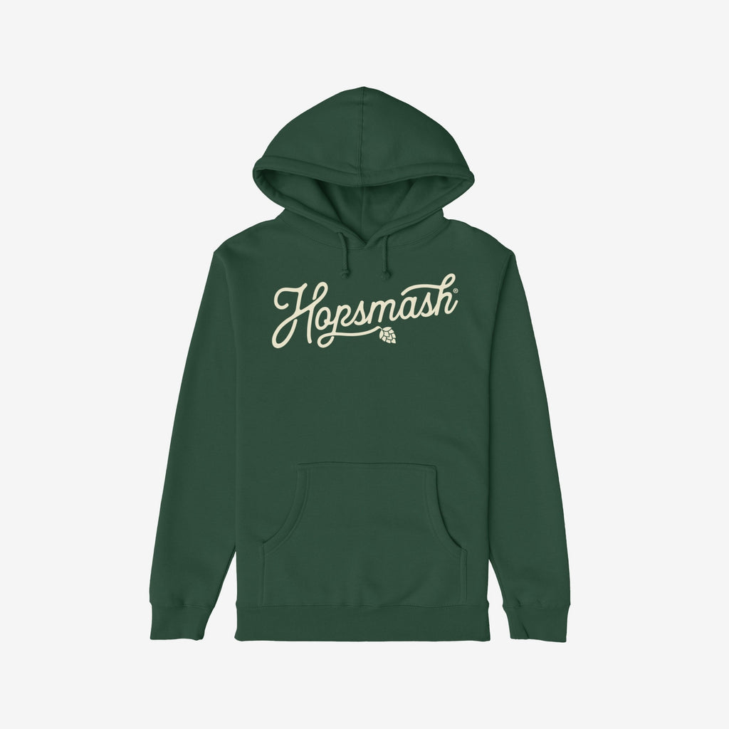 Forest-green Hopsmash Hoodie with kangaroo pocket, featuring cream script logo and hop-cone graphic, embodies hop devotion. Perfect for beer enthusiasts passionate about flavor and fermentation.