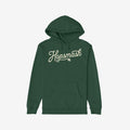 Forest-green Hopsmash Hoodie with kangaroo pocket, featuring cream script logo and hop-cone graphic, embodies hop devotion. Perfect for beer enthusiasts passionate about flavor and fermentation.