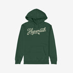 Forest-green Hopsmash Hoodie with kangaroo pocket, featuring cream script logo and hop-cone graphic, embodies hop devotion. Perfect for beer enthusiasts passionate about flavor and fermentation.