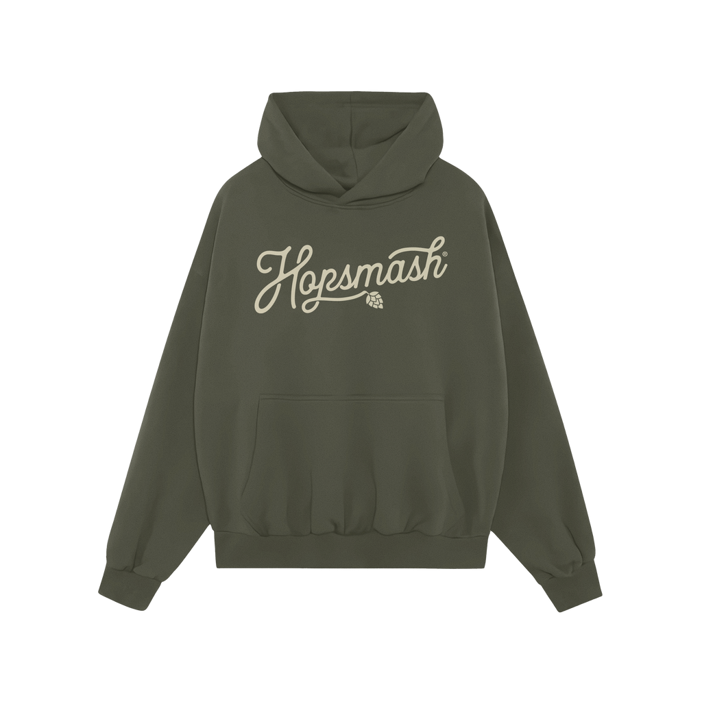 Forest-green Hopsmash Hoodie with kangaroo pocket, featuring cream script logo and hop-cone graphic, embodies hop devotion. P